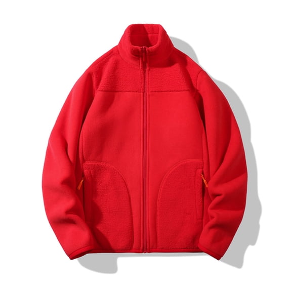 Wrtxtat Full Zip Fleece Jacket for Men Winter Warm Polar Fleece Long Sleeves Stand Collar Coat Solid Color High Neck Pockets Top Big and Tall Red M