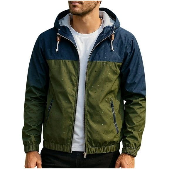 Wrtxtat Full Zip Hooded Jacket for Men Autumn Fashion Drawstrings Rain Jackets Colorblock Midweight Windbreaker with Pockets Army Green L