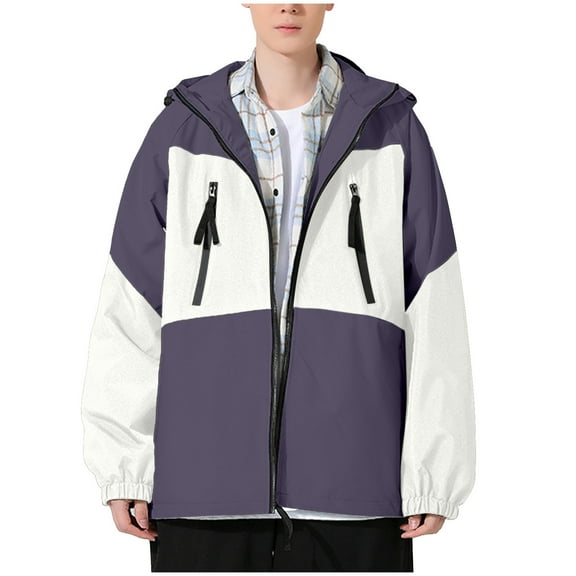 Wrtxtat Full Zip Hoodie for Men Autumn Fashion Midweight Drawstrings Outerwear with Zippered Pockets Colorblock Waterproof Jackets Purple M