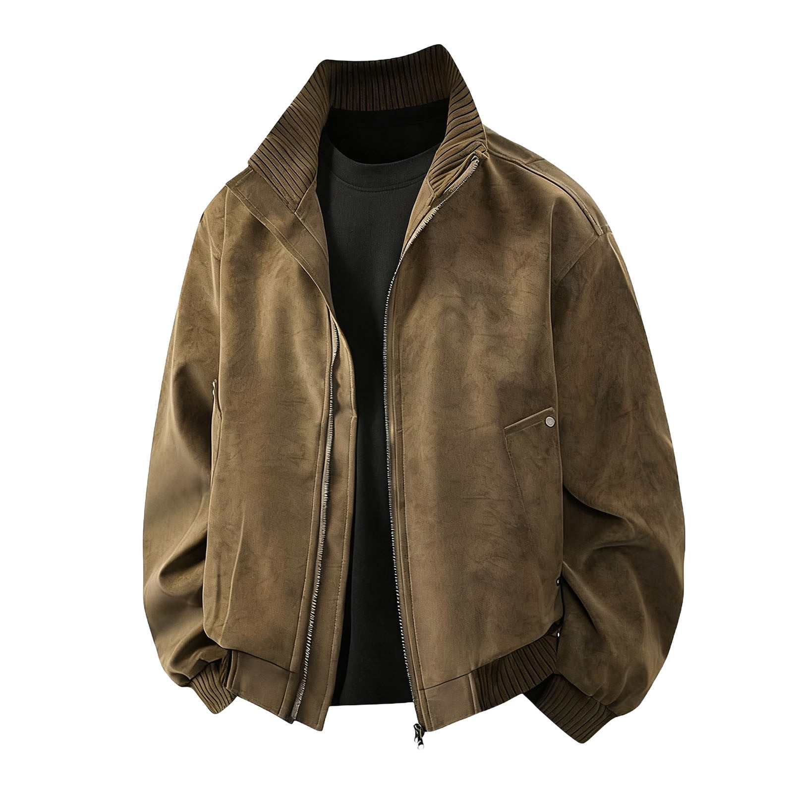 Wrtxtat Full Zip Leather Jacket for Men Relaxed Fit Mock Neck