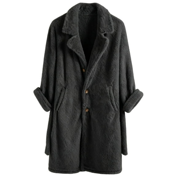 Wrtxtat Fuzzy Fleece Long Coats for Men Notched Collar Single Breasted Outerwear with Pockets Midweight Casual Warm Loungewear Tops Big and Tall Gray L