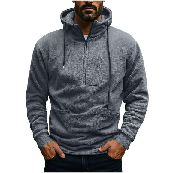 Wrtxtat Half Zip Hoodies for Men Slim Fit Polar Fleece Tops Autumn Midweight Warm Pullover Solid Color Vintage Style Drawstrings Sweatshirt Gray S