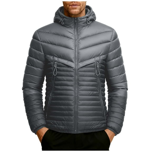 Wrtxtat Hooded Jacket for Men Coloblock Windproof Drawstrings Puffer Jacket with Detachable Hood Warm Winter Heavyweight Zipper Pockets Coat Dark Gray M