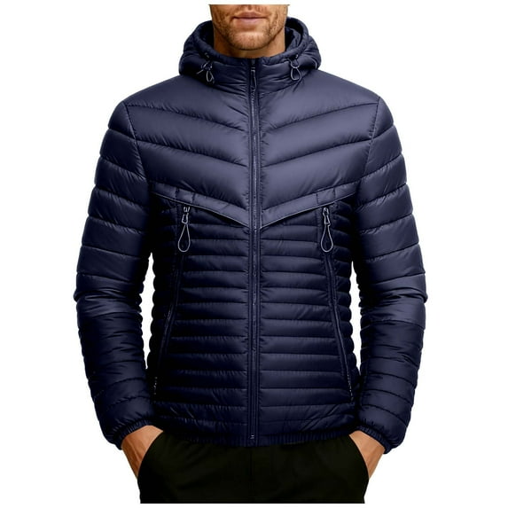 Wrtxtat Hooded Jacket for Men Coloblock Windproof Drawstrings Puffer Jacket with Detachable Hood Warm Winter Heavyweight Zipper Pockets Coat Blue S