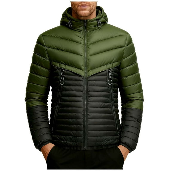 Wrtxtat Hooded Jacket for Men Coloblock Windproof Drawstrings Puffer Jacket with Detachable Hood Warm Winter Heavyweight Zipper Pockets Coat Green XL