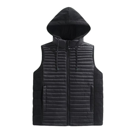 Wrtxtat Hooded Puffer Vest for Men Casual Solid Color Fleece Full Zip Pockets Winter Midweight Warm Sleeveless Outerwear Jackets Black XXXL