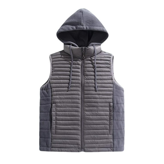 Wrtxtat Hooded Puffer Vest for Men Casual Solid Color Fleece Full Zip Pockets Winter Midweight Warm Sleeveless Outerwear Jackets Gray XXL