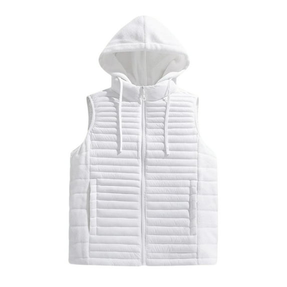 Wrtxtat Hooded Puffer Vest for Men Casual Solid Color Fleece Full Zip Pockets Winter Midweight Warm Sleeveless Outerwear Jackets White L