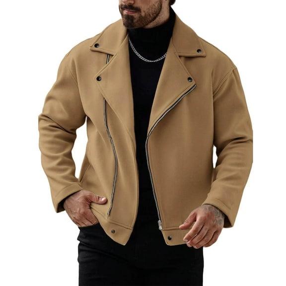 Wrtxtat Jackets for Men Autumn Midwieght Casual Solid Color Coat with Pockets Relaxed Fit Notched Lapel Full Zip Woolen Jacket Khaki M