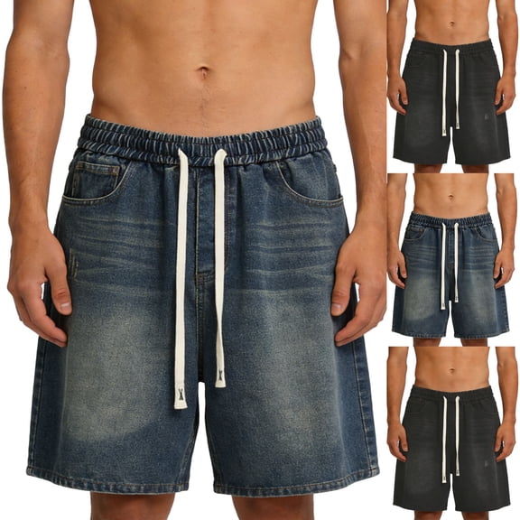 Wrtxtat Jean Shorts for Men Casual Knee Length Wide Leg Denim Long Bermuda Shorts Vintage Water Washed Print Y2K Streewear Jorts with Pockets Black XS
