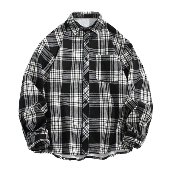 Wrtxtat Lapel Button Down Shirts for Men Casual Midweight Warm Fleece Lined Shirt with Pocket Fashion Plaid Loose Fit Tops Big and Tall Black#01 XXL