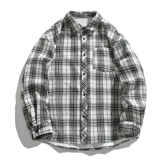 Wrtxtat Lapel Button Down Shirts for Men Casual Midweight Warm Fleece Lined Shirt with Pocket Fashion Plaid Loose Fit Tops Big and Tall White M