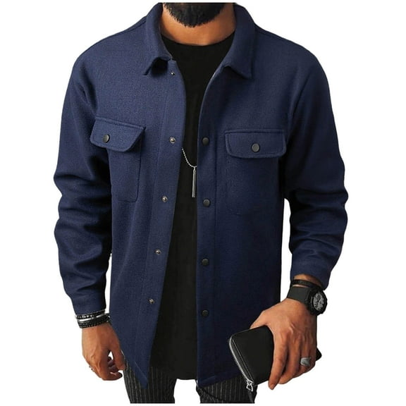Wrtxtat Lapel Button down Shirts for Men Autumn Casual Cargo Wool Fleece Shirt with Pockets Midwieght Warm Long Sleeves Solic Color Top Navy M