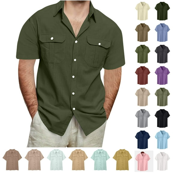 Wrtxtat Linen Button Down Shirts for Men Big and Tall Regular Fit Casual Summer Short Sleeve Cotton Hawaiian Beach Vacation Dress T-Shirts Tops with Pockets Yellow M