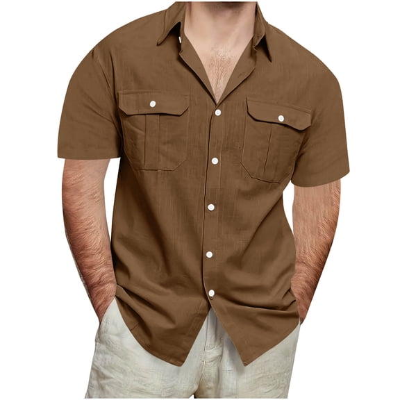 Wrtxtat Linen Button Down Shirts for Men Big and Tall Regular Fit Casual Summer Short Sleeve Cotton Hawaiian Beach Vacation Dress T-Shirts Tops with Pockets Z-Brown XXXXL