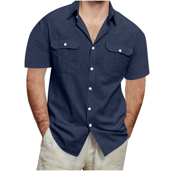 Wrtxtat Linen Button Down Shirts for Men Big and Tall Regular Fit Casual Summer Short Sleeve Cotton Hawaiian Beach Vacation Dress T-Shirts Tops with Pockets Z-Navy XL
