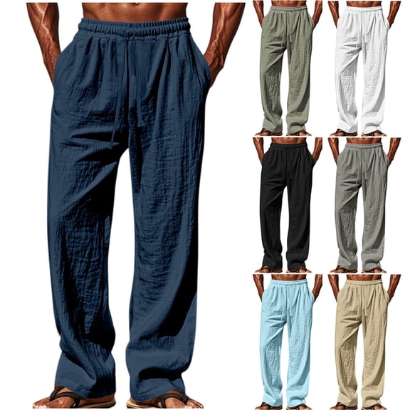 Wrtxtat Linen Pants for Men Casual Lightweight Breathable Elastic Waist Trousers Fall Spring Straight Leg Wide Leg Lounge Pants Black S