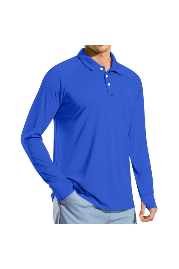 Long Sleeve Rash Guard Shirts for Men Lapel Collared Golf Shirts with Thumb Hole Summer Outdoor UPF 50+ Sun Protection Tee Shirts Blue#01 S