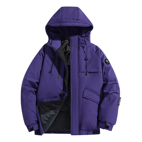 Wrtxtat Long Winter Coats for Men Full Zip Drawstrings Long Sleeve Hoodie with Pockets Solid Color Warm Heavyweight Waterproof Outerwear Purple M
