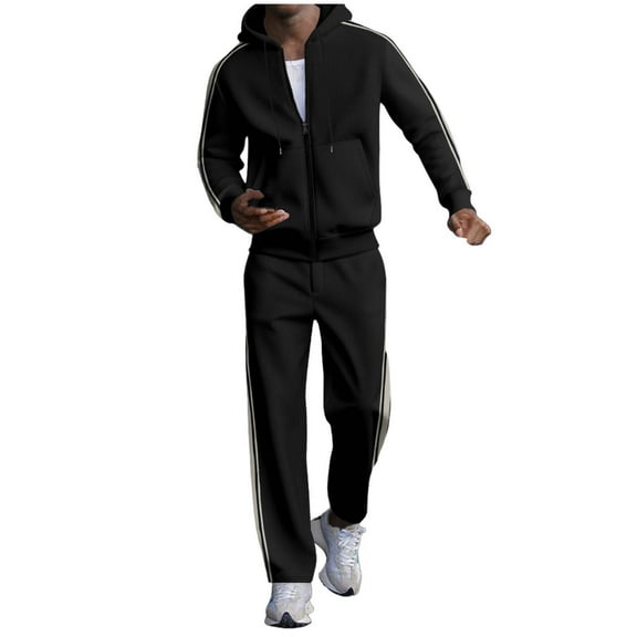 Wrtxtat Men's 2 Piece Outfits Hoodie Solid Color Waffle Knit Full Zip Cardigan Jacket Elastic Waist Drawstring Straight Leg Trousers Suit Black M