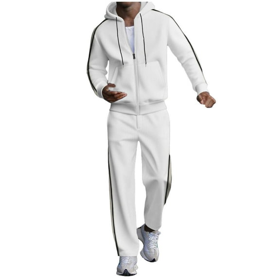 Wrtxtat Men's 2 Piece Outfits Hoodie Solid Color Waffle Knit Full Zip Cardigan Jacket Elastic Waist Drawstring Straight Leg Trousers Suit White S