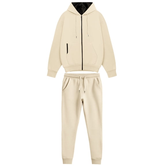 Wrtxtat Men's 2 Piece Sweatsuit Solid Color Drawstrings Full Zip Hooded Cardigan with Pockets Tapered Elastic Waist Trosuer Pants Outfit Set Khaki XXXL