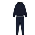 thumbnail image 1 of Wrtxtat Men's 2 Piece Sweatsuit Solid Color Drawstrings Full Zip Hooded Cardigan with Pockets Tapered Elastic Waist Trosuer Pants Outfit Set Navy L, 1 of 9