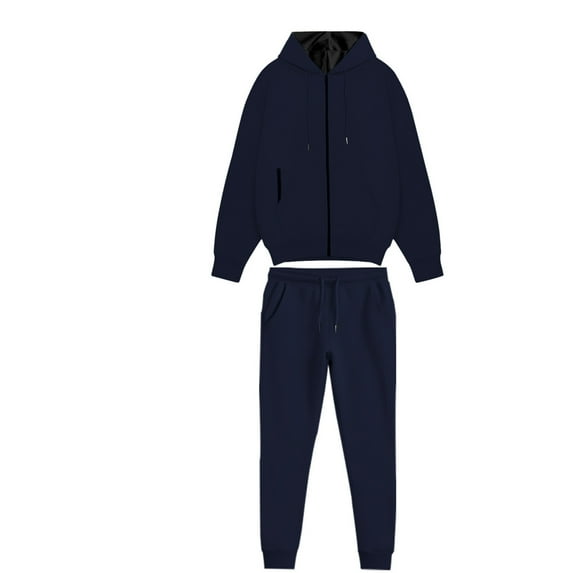 Wrtxtat Men's 2 Piece Sweatsuit Solid Color Drawstrings Full Zip Hooded Cardigan with Pockets Tapered Elastic Waist Trosuer Pants Outfit Set Navy L