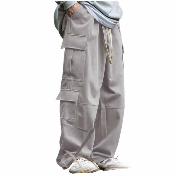 Wrtxtat Men's Baggy Cargo Pants Wide Leg Drawstring Elastic Waist Chino Joggers with Multi-pockets Casual Streetwear Baggy Sweatpants Gray S
