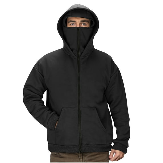 Wrtxtat Men's Balaclava Hoodie Solid Color Zip-Up Pockets Outerwear Fall Winter Warm Midweight Windproof Coats Outdoor Hiking Hunting Top Black M