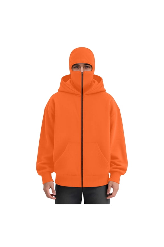 Men's Balaclava Hoodie Solid Color Zip-Up Pockets Outerwear Fall Winter Warm Midweight Windproof Coats Outdoor Hiking Hunting Top Orange XXL