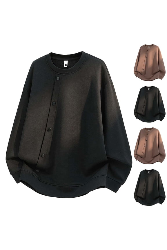 Men's Big and Tall Sweatshirt Loose Fit Crew Neck Oblique Button Down Fashion Y2K Daily Wear Pullover Tops with Pockets Black XXXXXL
