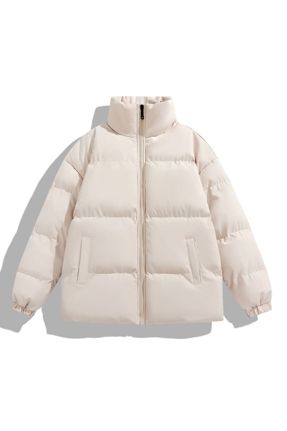 Men's Bomber Aviator Jacket Full Zip Mock Neck Windproof Jacket Winter Warm Pockets Outerwear Solid Color Puffer Jacket Big and Tall Beige M