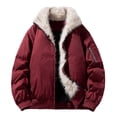 thumbnail image 1 of Wrtxtat Men's Bomber Jackets Solid Color Fuzzy Fleece Lined Outerwear with Pockets Full Zip Warm Heavyweight Puffer Jackets Red XXL, 1 of 4
