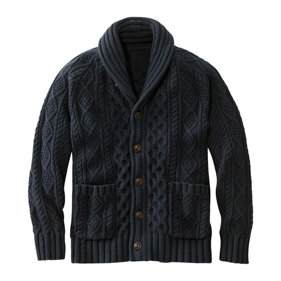 Wrtxtat Men's Button Down Cardigan Autumn Midweight Warm Outerwear Solid Color Cable Knit Sweater with Pockets V-Neck Shawl Collar Tops Navy XL