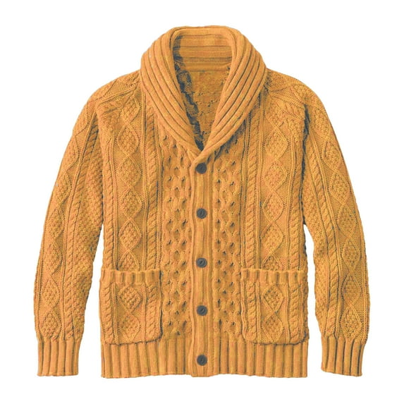 Wrtxtat Men's Button Down Cardigan Autumn Midweight Warm Outerwear Solid Color Cable Knit Sweater with Pockets V-Neck Shawl Collar Tops Yellow XL