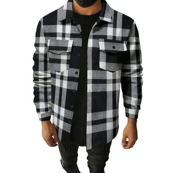 Wrtxtat Men's Button Down Shirt Autumn Casual Fashion Midweight Shirt Jacket Striped Plaid Turn Down Collar Shirts with Flap Pockets Black S