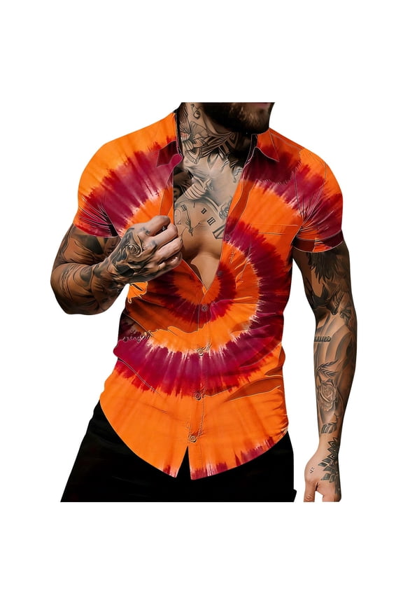 Men's Button Down Shirt Slim Fitted Short Sleeve Fashion Tie Dye Tops Summer Vacation Beach Travel Shirts Big and Tall Orange XXXXL
