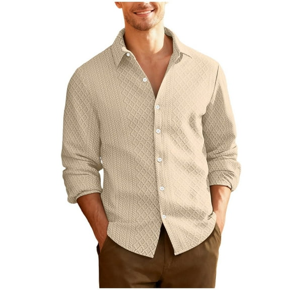 Wrtxtat Men's Button Down Shirts Casual Solid Color Turn Down Collar Blouse Autumn Fashion Midweight Jacquard Long Sleeve Shirt Khaki XL