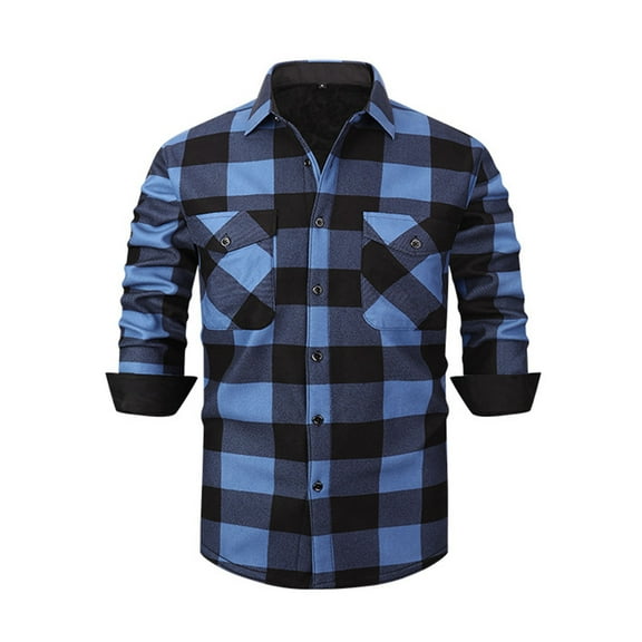 Wrtxtat Men's Button Down Shirts Plaid Turn Down Collar Slim Fit Top with Flap Pockets Midweight Warm Fleece Lined Long Sleeve Blouse Blue L