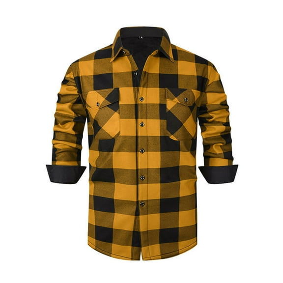 Wrtxtat Men's Button Down Shirts Plaid Turn Down Collar Slim Fit Top with Flap Pockets Midweight Warm Fleece Lined Long Sleeve Blouse Yellow XXXL