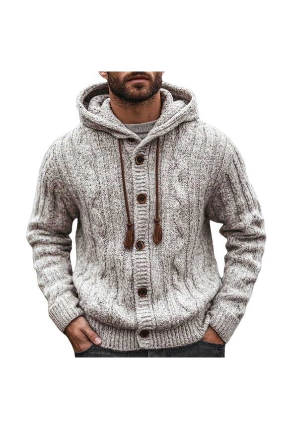 Men's Button Down Sweater Warm Heavyweight Knitted Top Long Sleeve Solid Color Cardigan Full Button Drawstrings Hooded Sweater Gray XXL