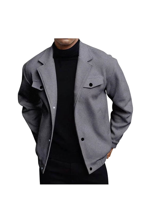 Men's Button Down Jacket Single-Breasted Button Wool Blend Coat Notched Collar Flap Pockets Outerwear Fashion Midweight Solid Color Shacket Gray XXL