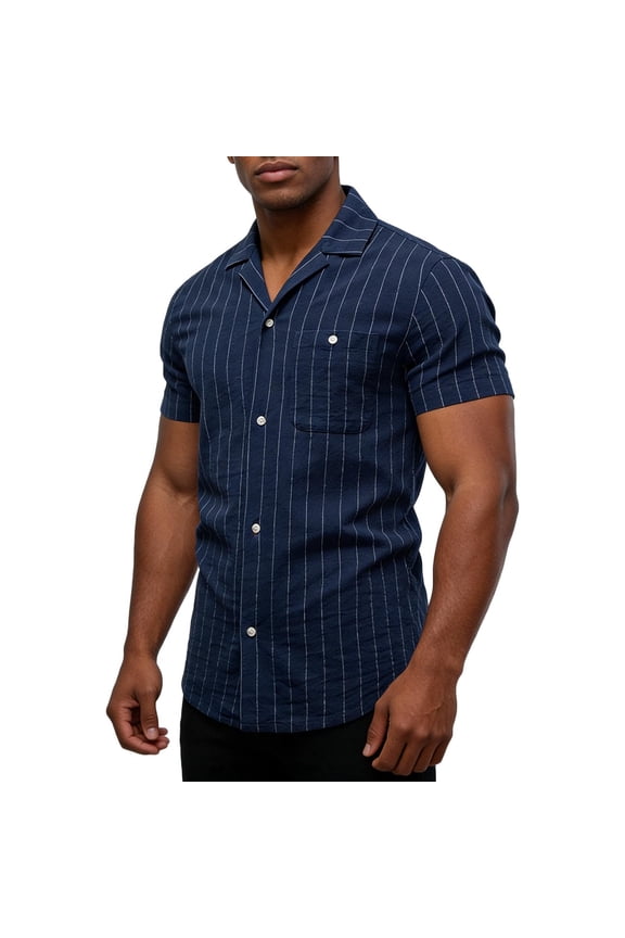 Men's Button Up Shirts Fashion Striped Color Short Sleeve Cotton Shirts Notched Lapel Collar Tops Casual Summer Beach Resort Wear Clothes Navy XXL