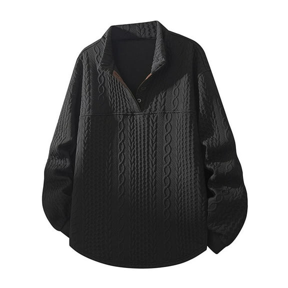 Wrtxtat Men's Cable Knit Sweater Fashion Loose Fit Autumn Midweight Tops Solid Color Turn Down Collar Quarter Button Pullover Black M