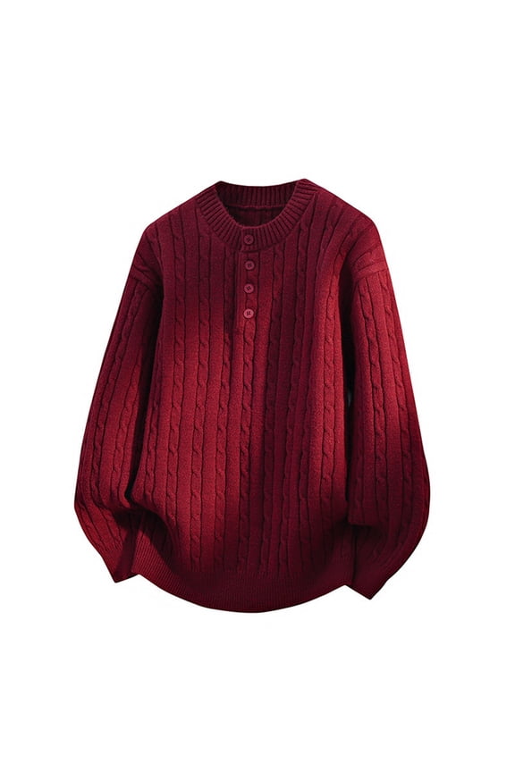 Men's Cable Knit Sweater Quarter Button Loose Fit Pullover Long Sleeve Warm Midweight Tops Solid Color Vintage Knit Pullover Red L