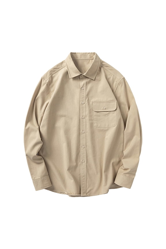 Men's Cargo Button Shirt Autumn Fashion Warm Cotton Shirts Lightweight Breathable Stretchable Long Sleeves Solid Color Workwear Top Khaki XXXL