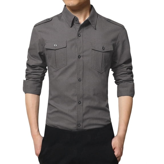 Wrtxtat Men's Cargo Long Sleeve Shirt Fashion Slim Western Cowboy Style Shirt with Pockets Solid Color Lapel Button Down Tops Big and Tall Gray L