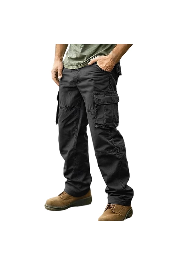 Men's Cargo Pants Midweight Combat Casual Work Cotton Pants with Multiple Pockets Stretch Loose Fit Straight Leg Trousers Big and Tall Black L