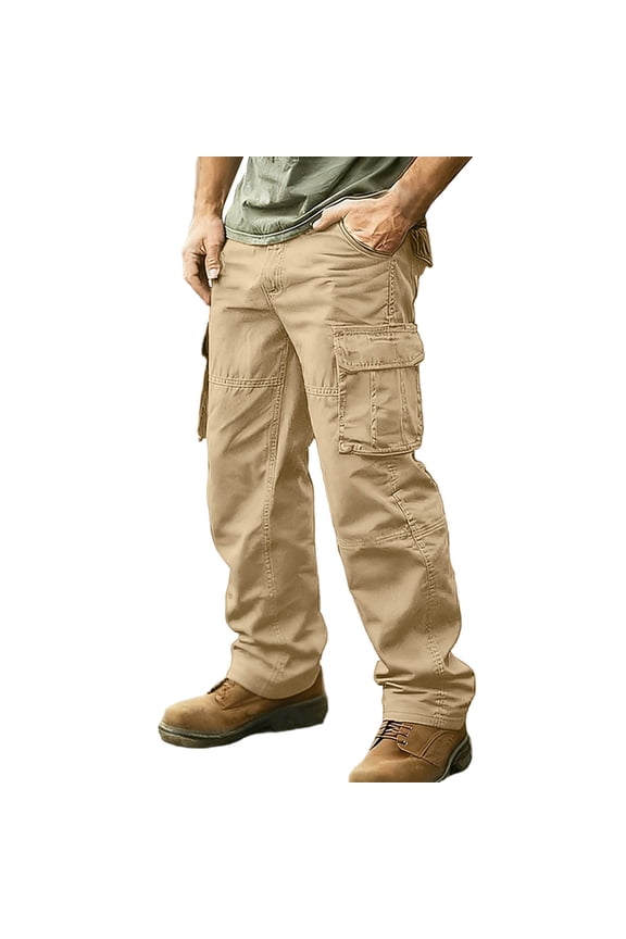 Men's Cargo Pants Midweight Casual Work Hiking Travel Cotton Pants with Multiple Pockets Stretch Loose Fit Straight Leg Trousers Big and Tall Khaki XXXL